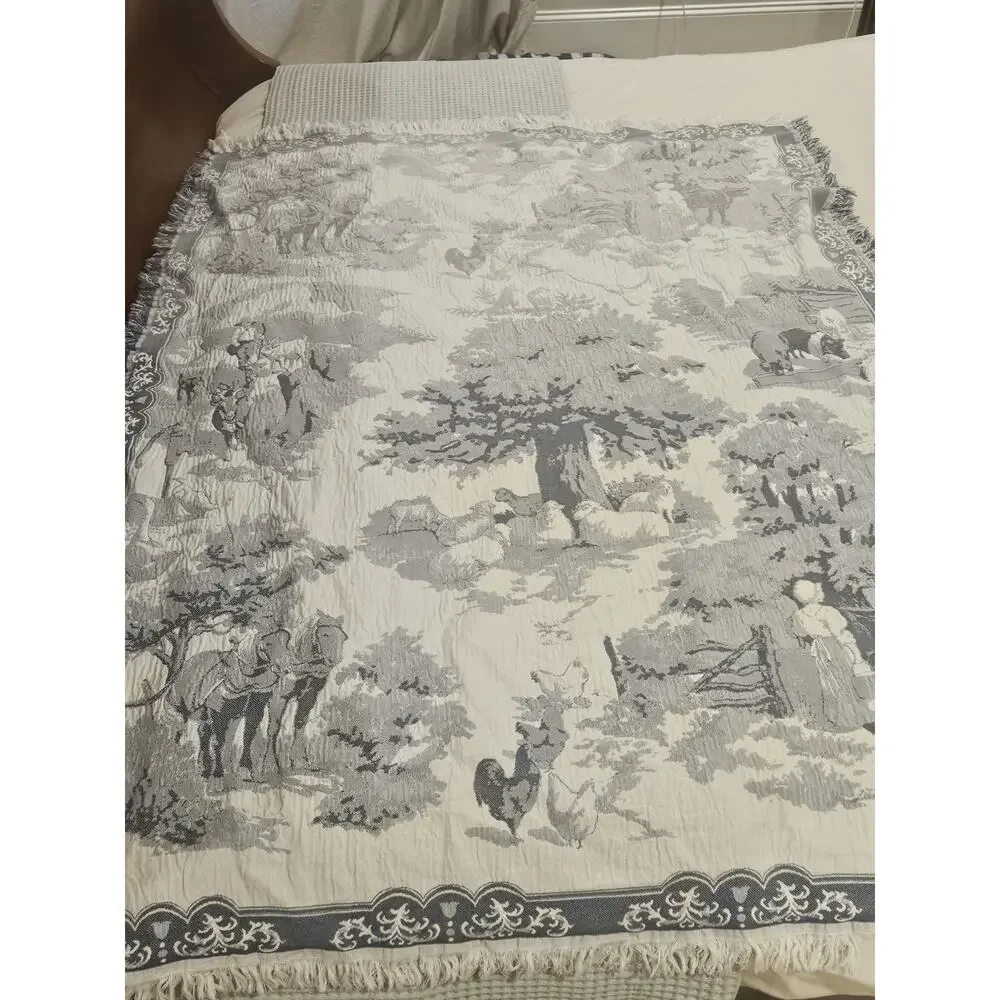 Vtg Delft Blue/Cream Pat Lehmkuhl Cow Sheep Country Farm Tapestry Throw 50x65”